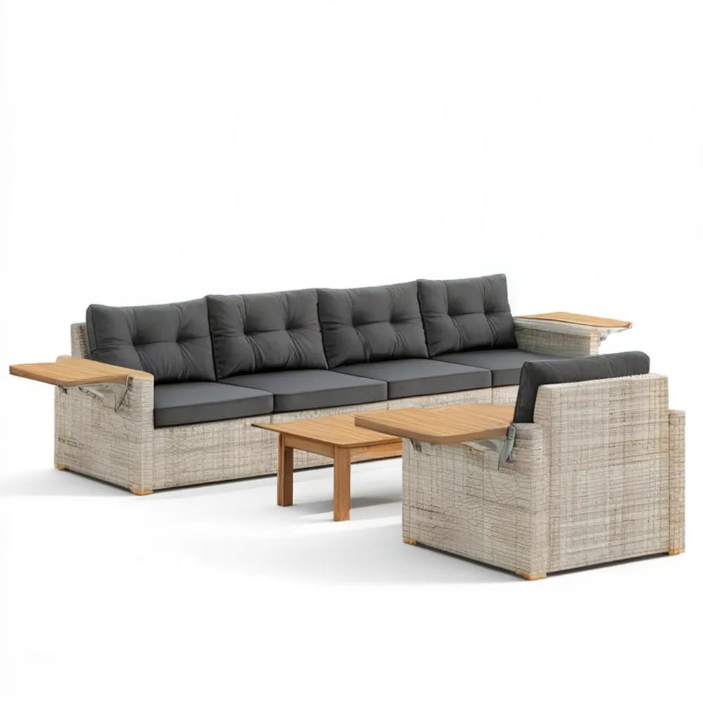 4-częściowy zestaw ogrodowy z technorattanu PE, jasnoszary z ciemnoszarymi poduszkami, sofa 280 × 85 × 75 cm, fotel i 2 stoliki