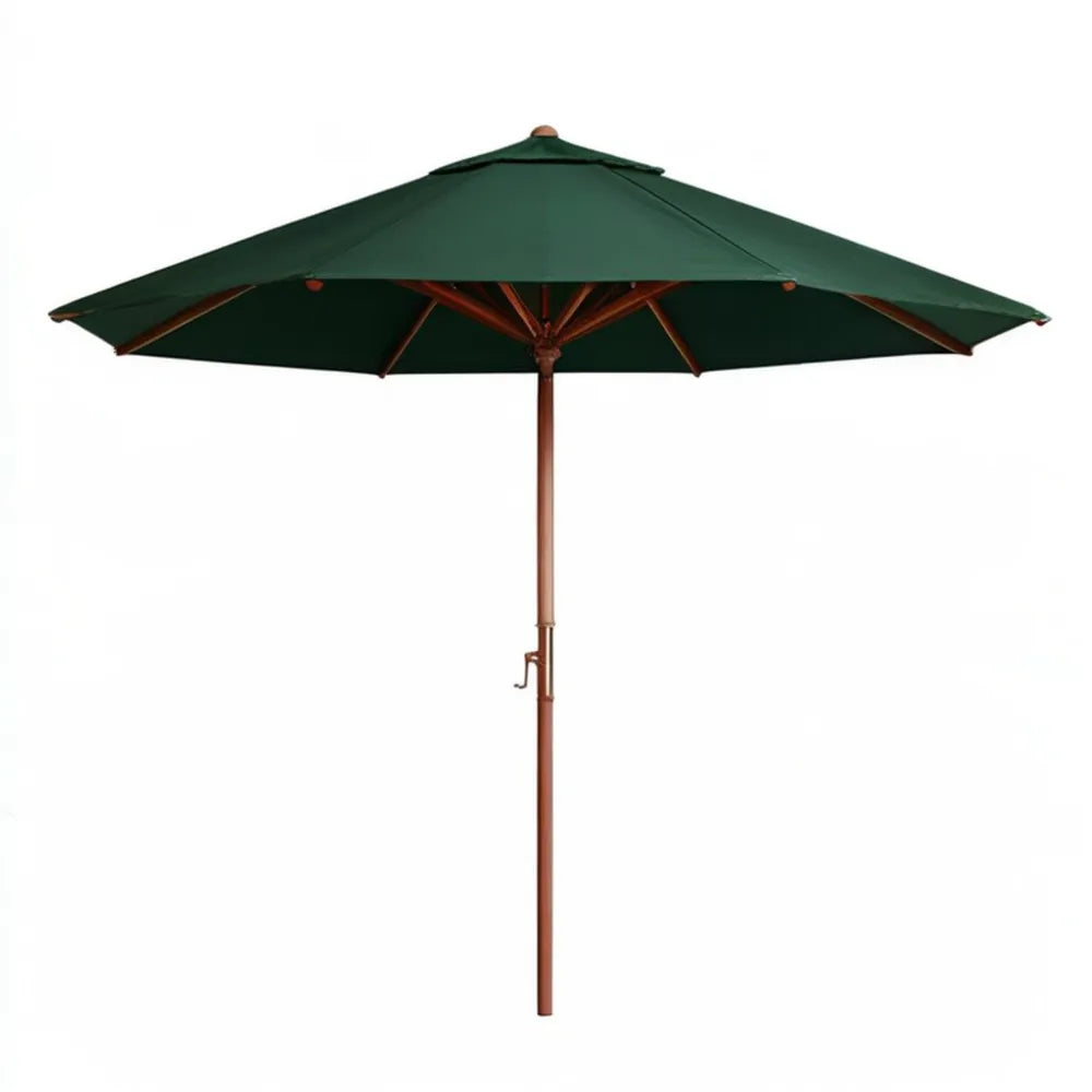 Zielony ośmiokątny parasol ogrodowy z drewnianym masztem i korbką Ø 300 cm, wys. 250 cm