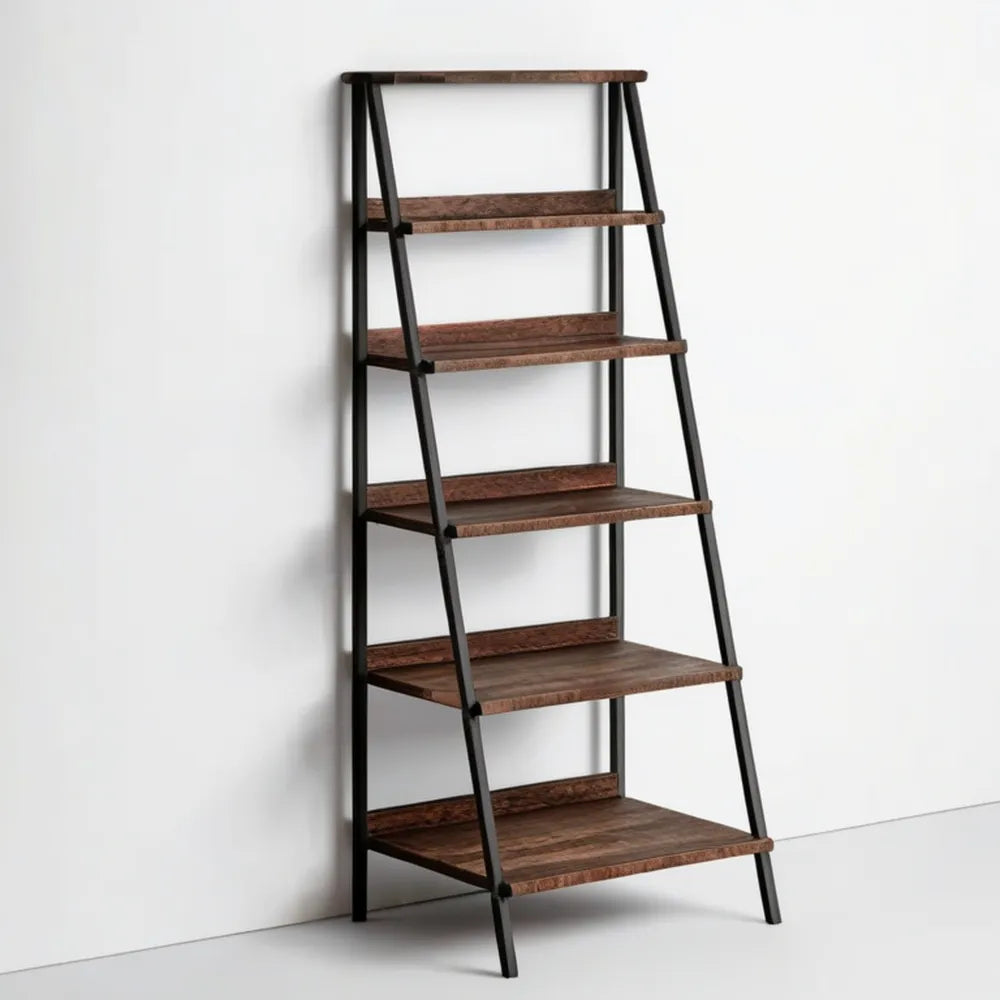 Regał drabinkowy trapezowy 6 półek MDF i stalowy 80 x 35 x 180 cm czarno-brązowy