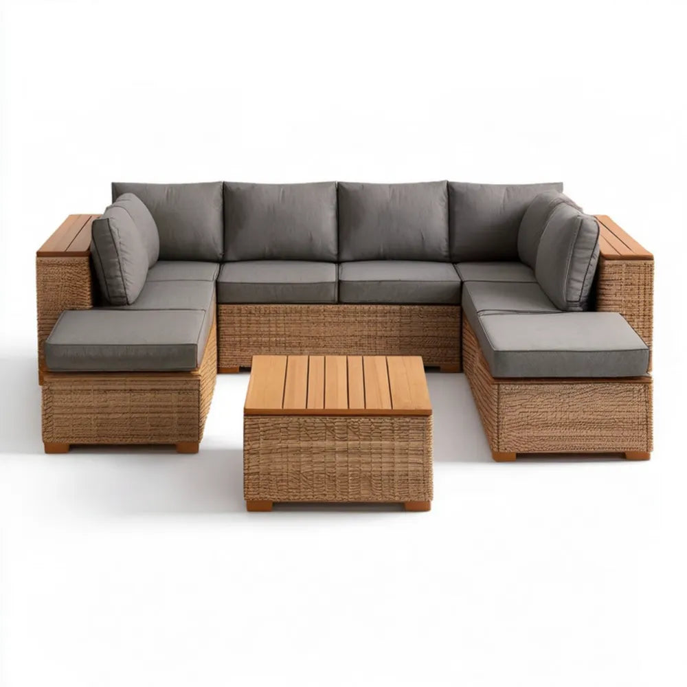 Ogrodowy zestaw wypoczynkowy z plecionki PE Brązowy/Szary, sofa 205 × 75 × 70 cm, stoliki 70 × 70 × 35 cm