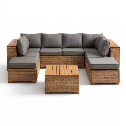 Ogrodowy zestaw wypoczynkowy z plecionki PE Brązowy/Szary, sofa 205 × 75 × 70 cm, stoliki 70 × 70 × 35 cm