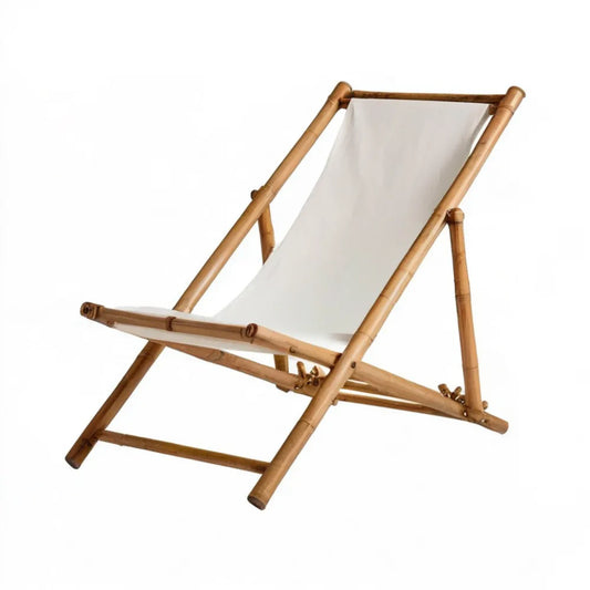 Składany leżak bambusowy z białym płótnem bawełnianym 60 x 100 x 80 cm