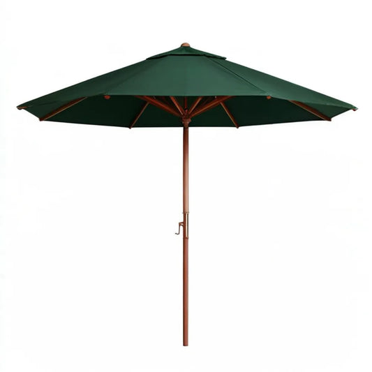 Zielony ośmiokątny parasol ogrodowy z drewnianym masztem i korbką Ø 300 cm, wys. 250 cm