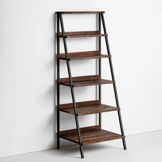 Regał drabinkowy trapezowy 6 półek MDF i stalowy 80 x 35 x 180 cm czarno-brązowy