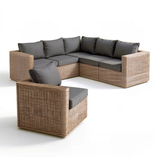 Narożnik modułowy z fotelem z technorattanu PE Beżowy/Szary 250 x 200 x 75 cm