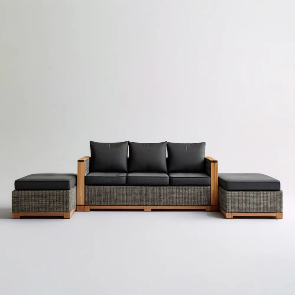 Zestaw wypoczynkowy z technorattanu i drewna akacjowego, 3-osobowy z 2 pufami, szary/brązowy/czarny, sofa 210 x 75 x 75 cm