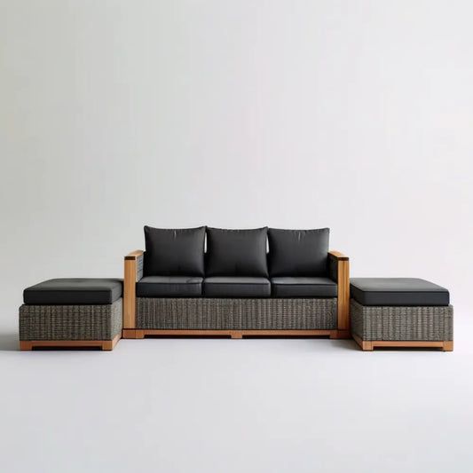 Zestaw wypoczynkowy z technorattanu i drewna akacjowego, 3-osobowy z 2 pufami, szary/brązowy/czarny, sofa 210 x 75 x 75 cm