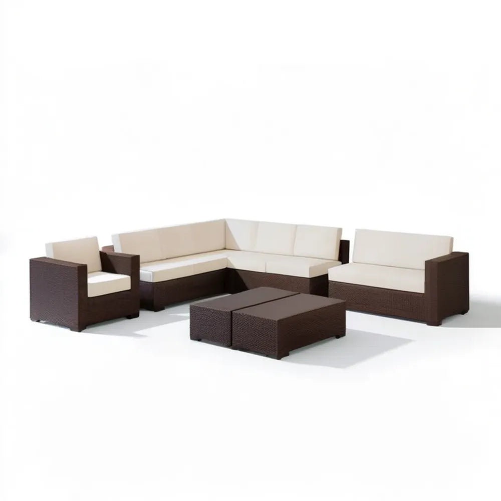 8-elementowy zestaw wypoczynkowy z technorattanu PE brązowo-kremowy, sofa narożna 210 x 210 x 70 cm