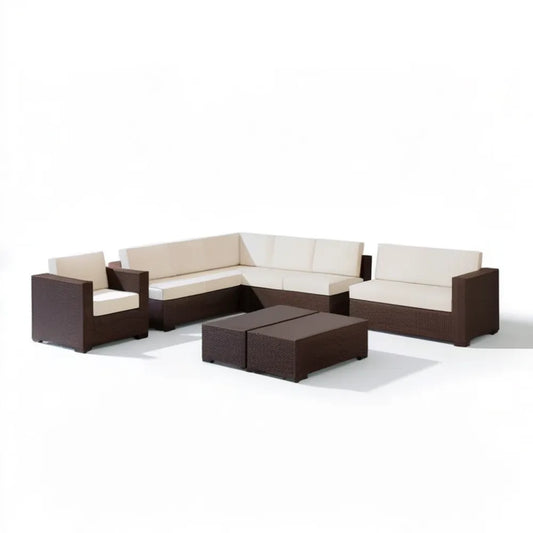 8-elementowy zestaw wypoczynkowy z technorattanu PE brązowo-kremowy, sofa narożna 210 x 210 x 70 cm