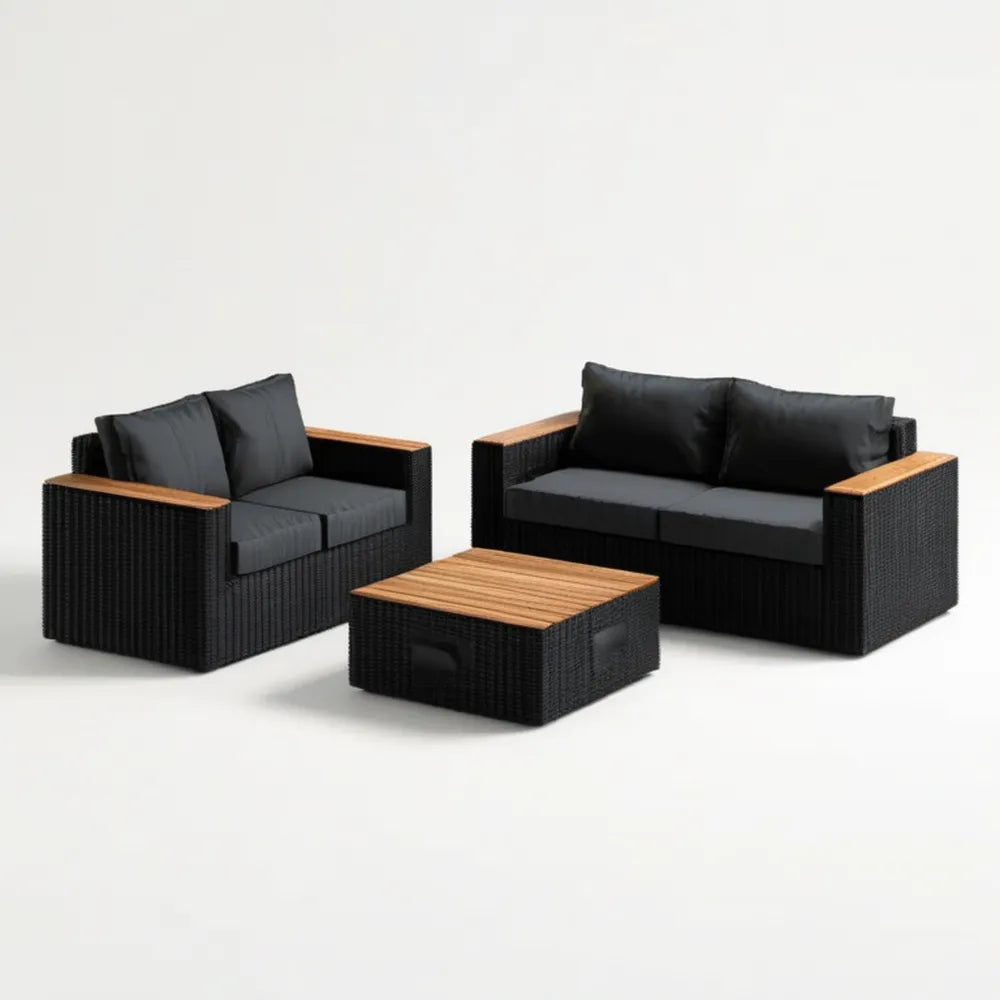 Zestaw ogrodowy z technorattanu czarny/grafitowy/brązowy – sofa 125 × 70 × 75 cm, fotel 78 × 70 × 75 cm, stolik 90 × 50 × 38 cm
