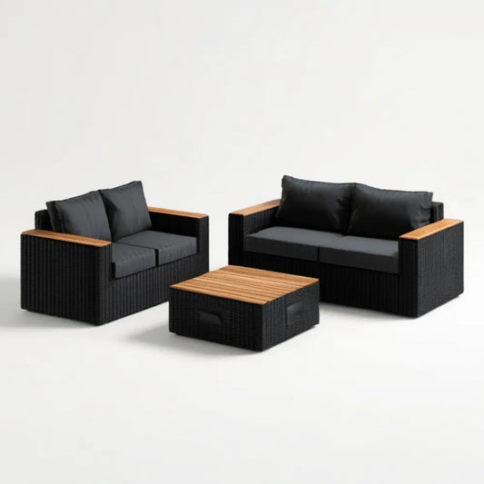 Zestaw ogrodowy z technorattanu czarny/grafitowy/brązowy – sofa 125 × 70 × 75 cm, fotel 78 × 70 × 75 cm, stolik 90 × 50 × 38 cm