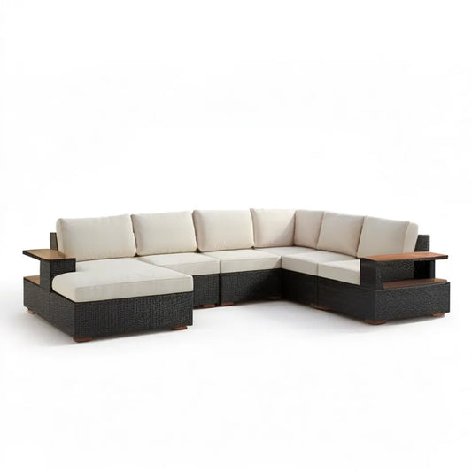 Modułowy narożnik ogrodowy z technorattanu PE w kształcie L, czarno-kremowo-brązowy, 310 × 230 × 65 cm