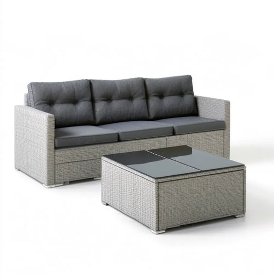 Komplet wypoczynkowy z technorattanu: sofa 3-osobowa 200 × 75 × 70 cm i stolik 100 × 60 × 45 cm, szary/antracyt/czarny