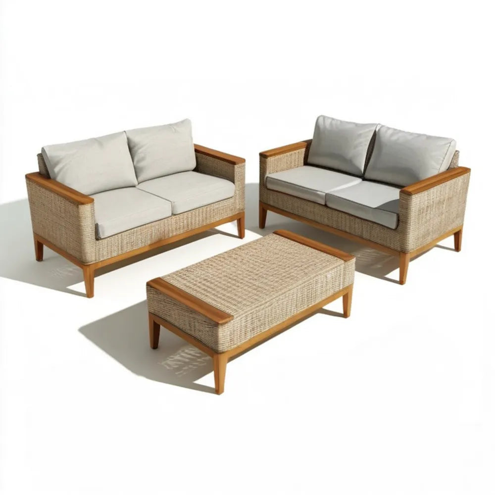 3-częściowy zestaw ogrodowy z technorattanu PE i drewna akacjowego – 2 sofy 142 x 78 x 75 cm, stolik 110 x 60 x 42 cm, naturalny/beżowy/kremowy