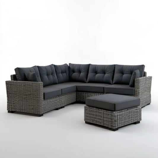 Ogrodowa sofa narożna z pufą z technorattanu PE, grafitowo-czarna, 220 x 220 x 75 cm