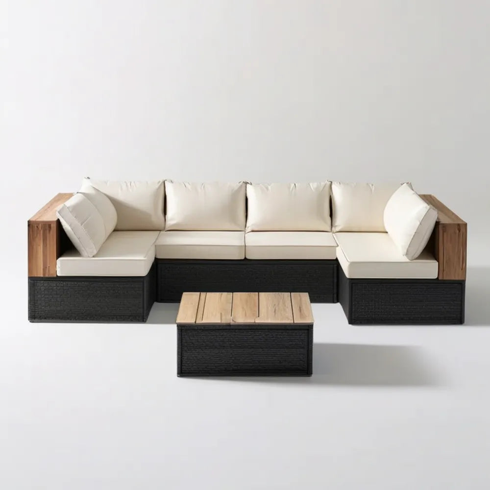 5-osobowy narożny zestaw wypoczynkowy z technorattanu PE i drewna akacjowego, czarny/kremowy/naturalny brąz, 320 × 75 × 65 cm, stolik 90 × 60 × 35 cm