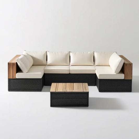 5-osobowy narożny zestaw wypoczynkowy z technorattanu PE i drewna akacjowego, czarny/kremowy/naturalny brąz, 320 × 75 × 65 cm, stolik 90 × 60 × 35 cm