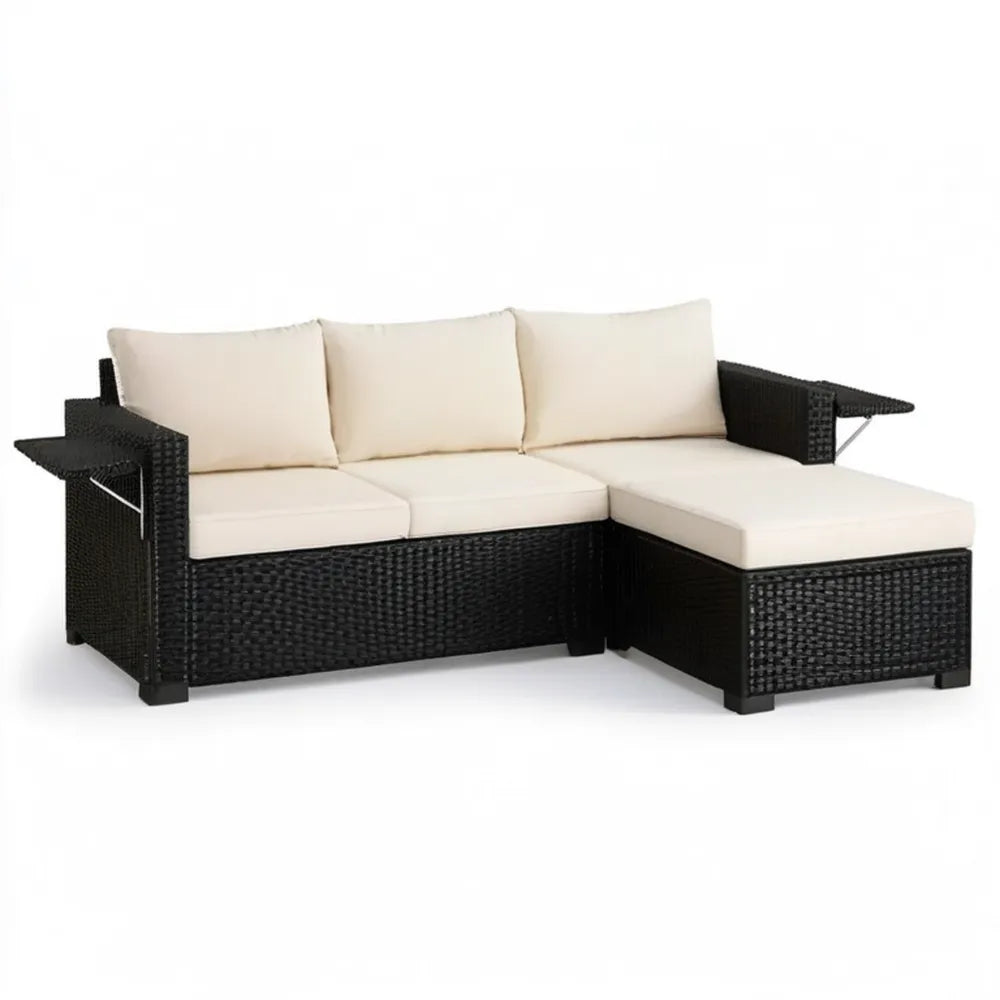 Narożna sofa ogrodowa z polirattanu czarno-kremowa 193 × 136 × 65 cm